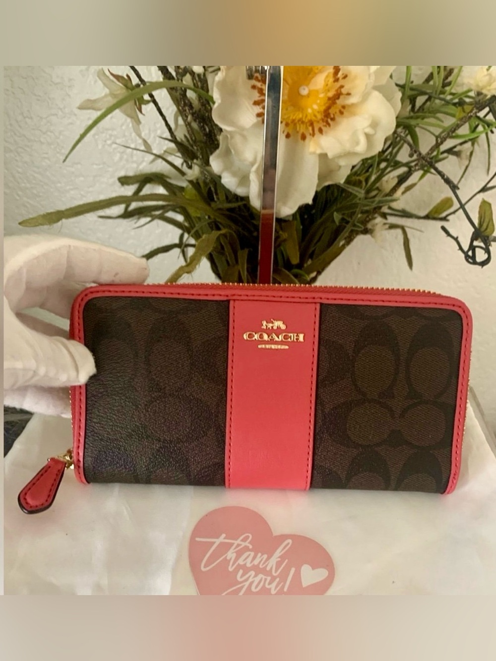 Coach  Accordion Signature Slim Zip Around Brown and Pink Women's Wallet